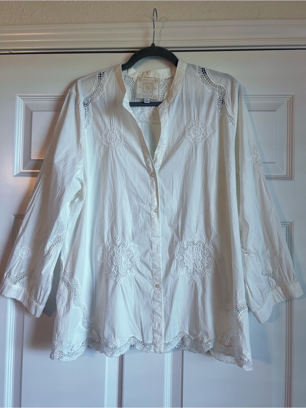 Johnny Was Jade Embroidered Lace-Panel Boho Blouse, XL